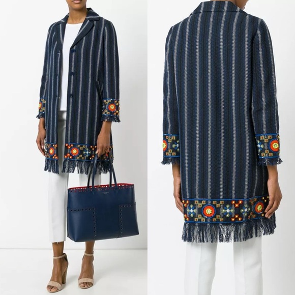 Tory Burch Luna Embellished Coat Black Navy